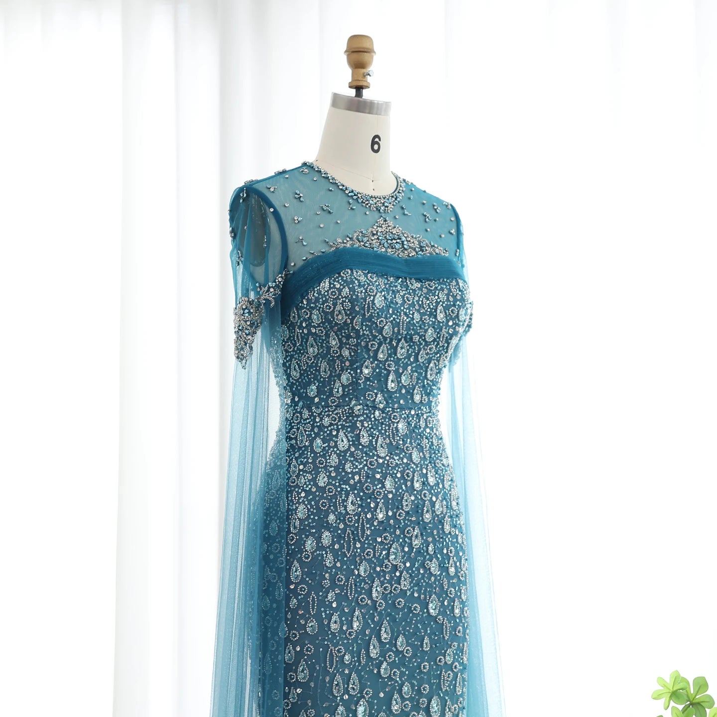 Mermaid Turquoise Crystal Evening Dresses with Cape Sleeves Arabic Women Wedding Party Gowns - Image 17