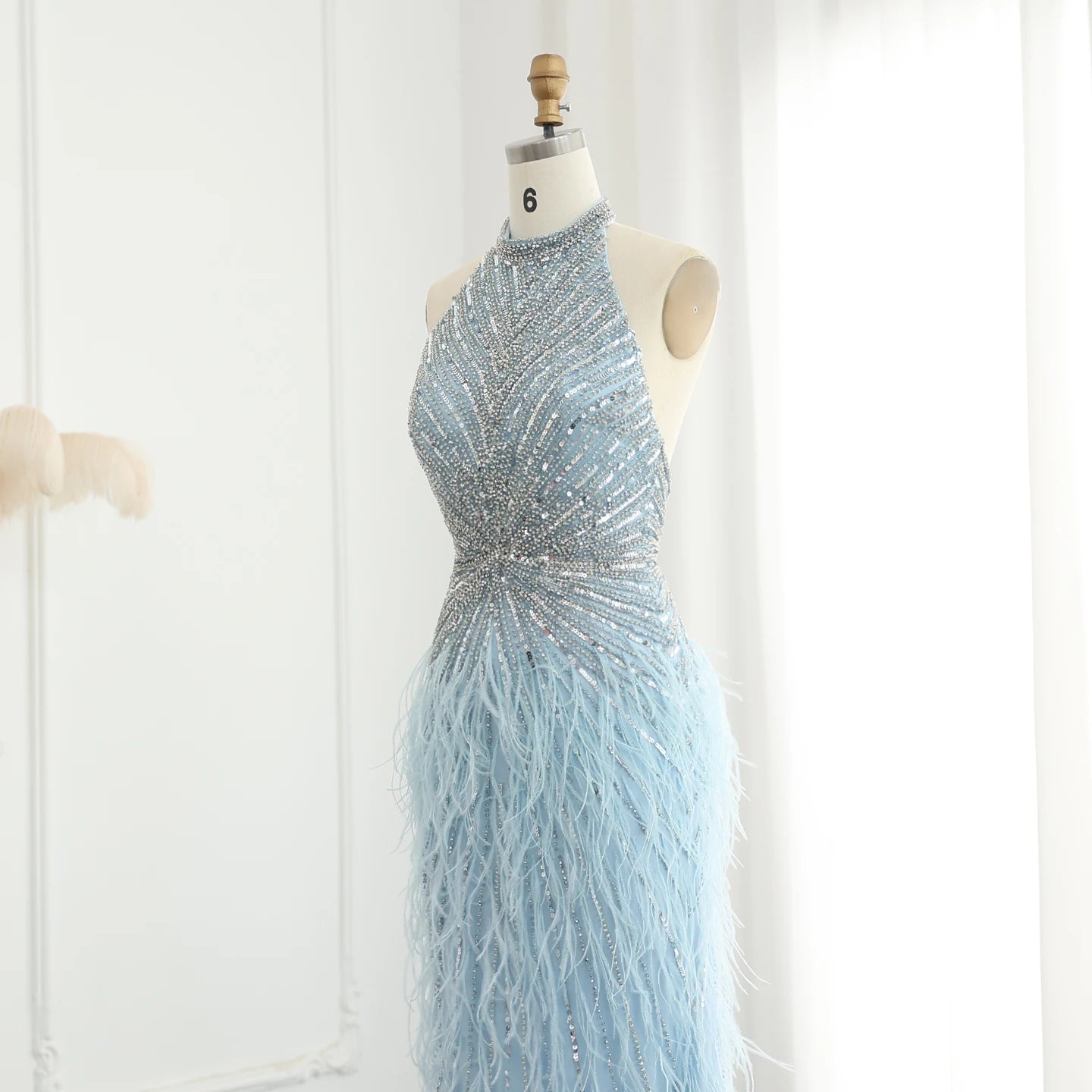 Luxury Beaded Feathers Mermaid Silver Gray Evening Dress Halter Backless Blue Beige Formal Party Gown - Image 20