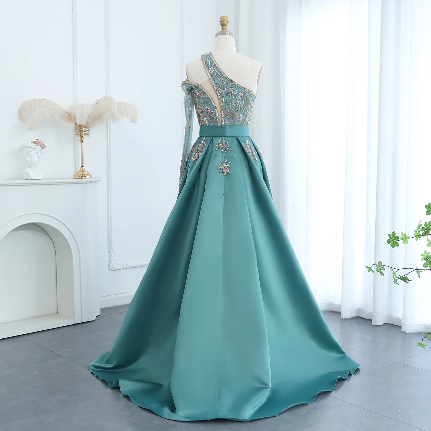 Luxury Beads One Shoulder Turquoise Evening Dress with Overskirt Women Wedding Party Gown - Image 5