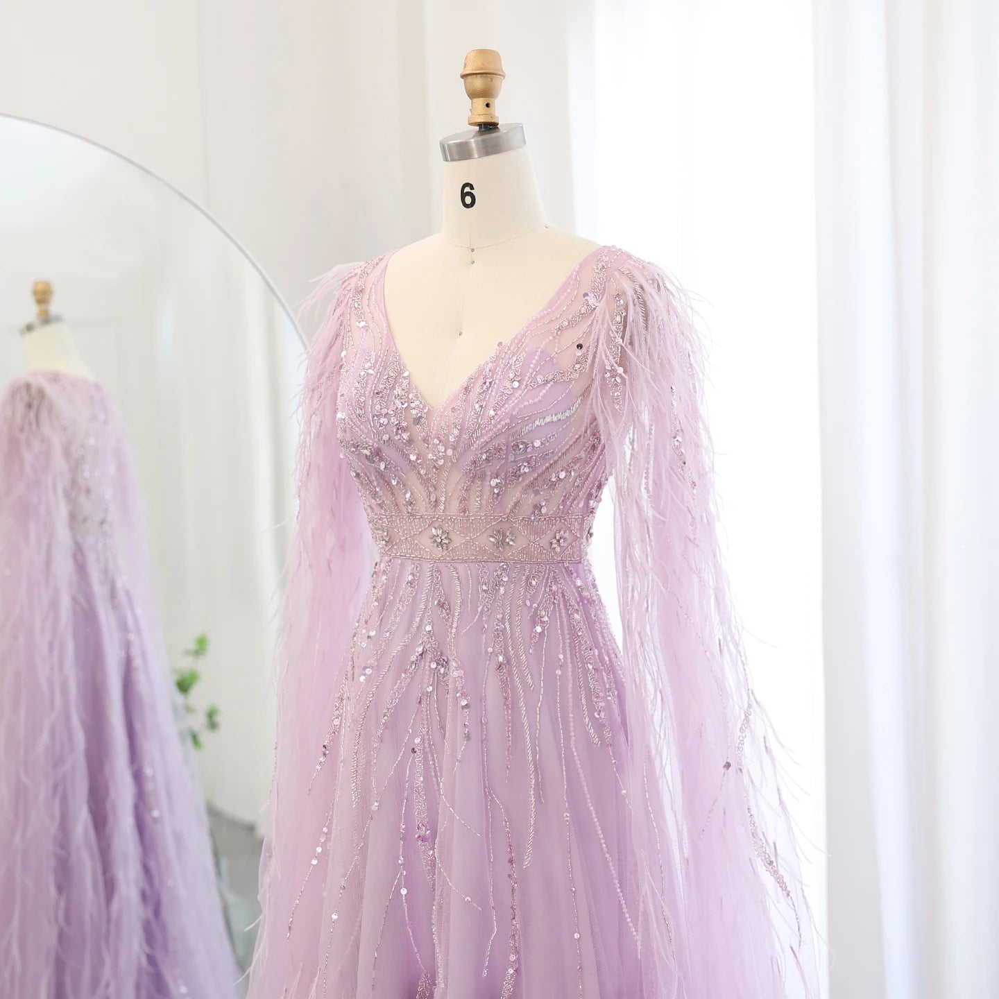 Luxury Feathers Nude A-line Evening Dresses with Cape Sleeves V-Neck Lilac Arabic Women Wedding Party Dress - Image 12