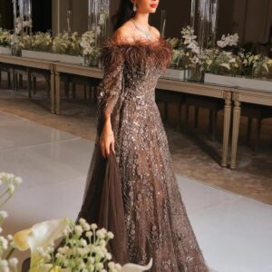Elegant Off Shoulder Luxury Feathers Brown Evening Dress with Cape Sleeves Navy Blue Women Wedding Party Gowns