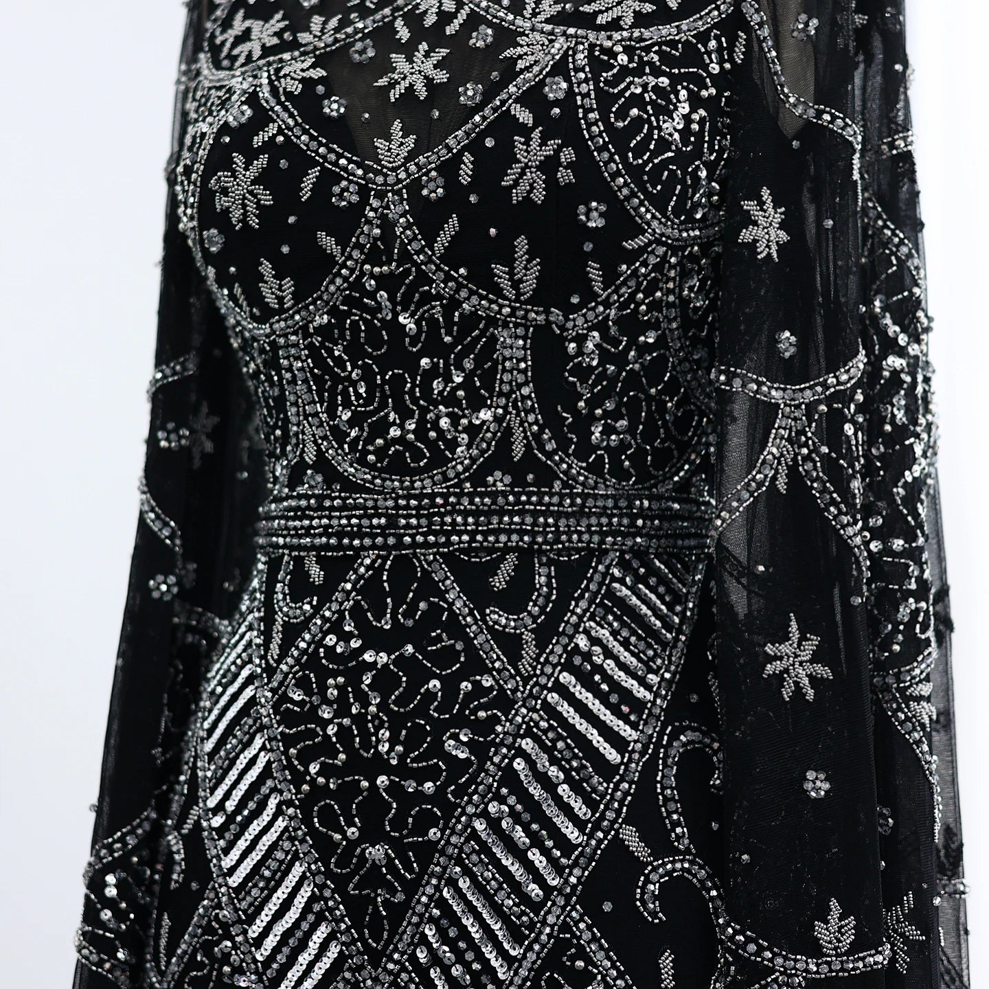 Black Beaded Luxury Evening Dress with Flare Long Sleeves High Neck Formal Party Gowns - Image 13
