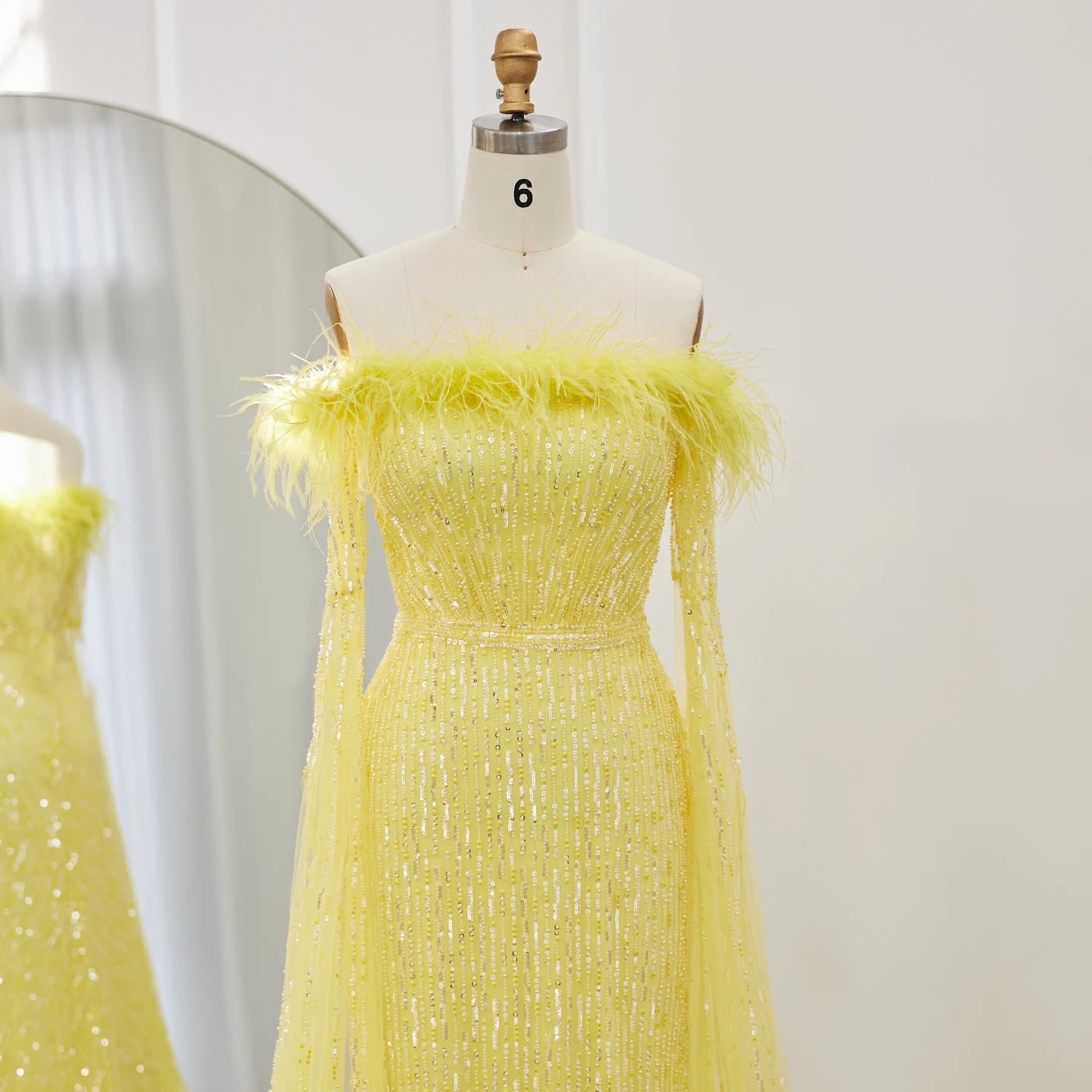 Luxury Feathers Mermaid Sage Green Evening Dresses with Cape Sleeves Pink Yellow Wedding Party Gowns - Image 12