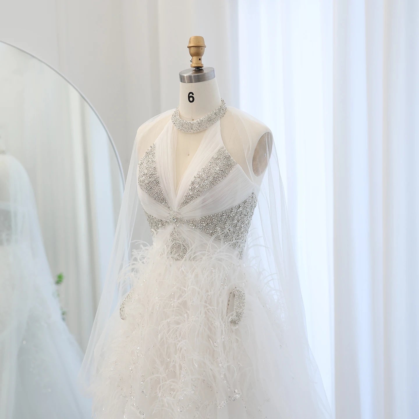 Luxury Feathers Ball Gown White Evening Dresses with Cape Sleeves for Wedding Party Dresses - Image 4