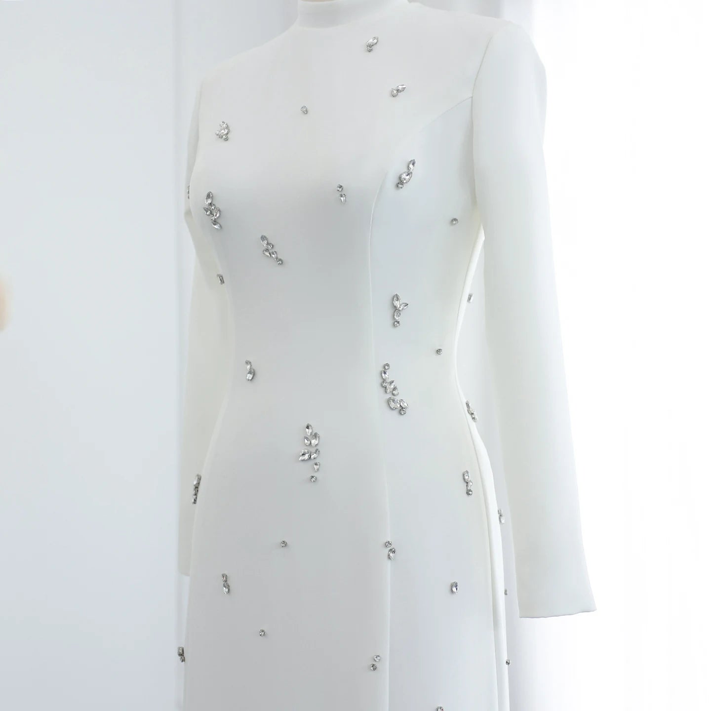 High Neck Straight White Satin Arabic Evening Dress For Women Wedding Beads Slit Long Sleeves - Image 6