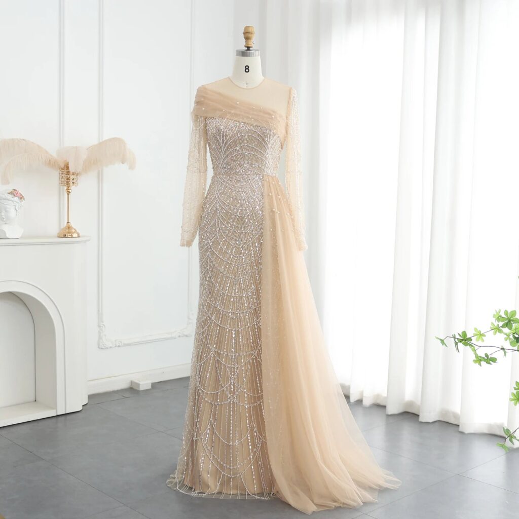 Luxury Beaded Champagne Mermaid Long Sleeves Evening Dress for Women Wedding Formal Party Gowns