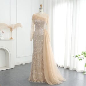 Luxury Beaded Champagne Mermaid Long Sleeves Evening Dress for Women Wedding Formal Party Gowns