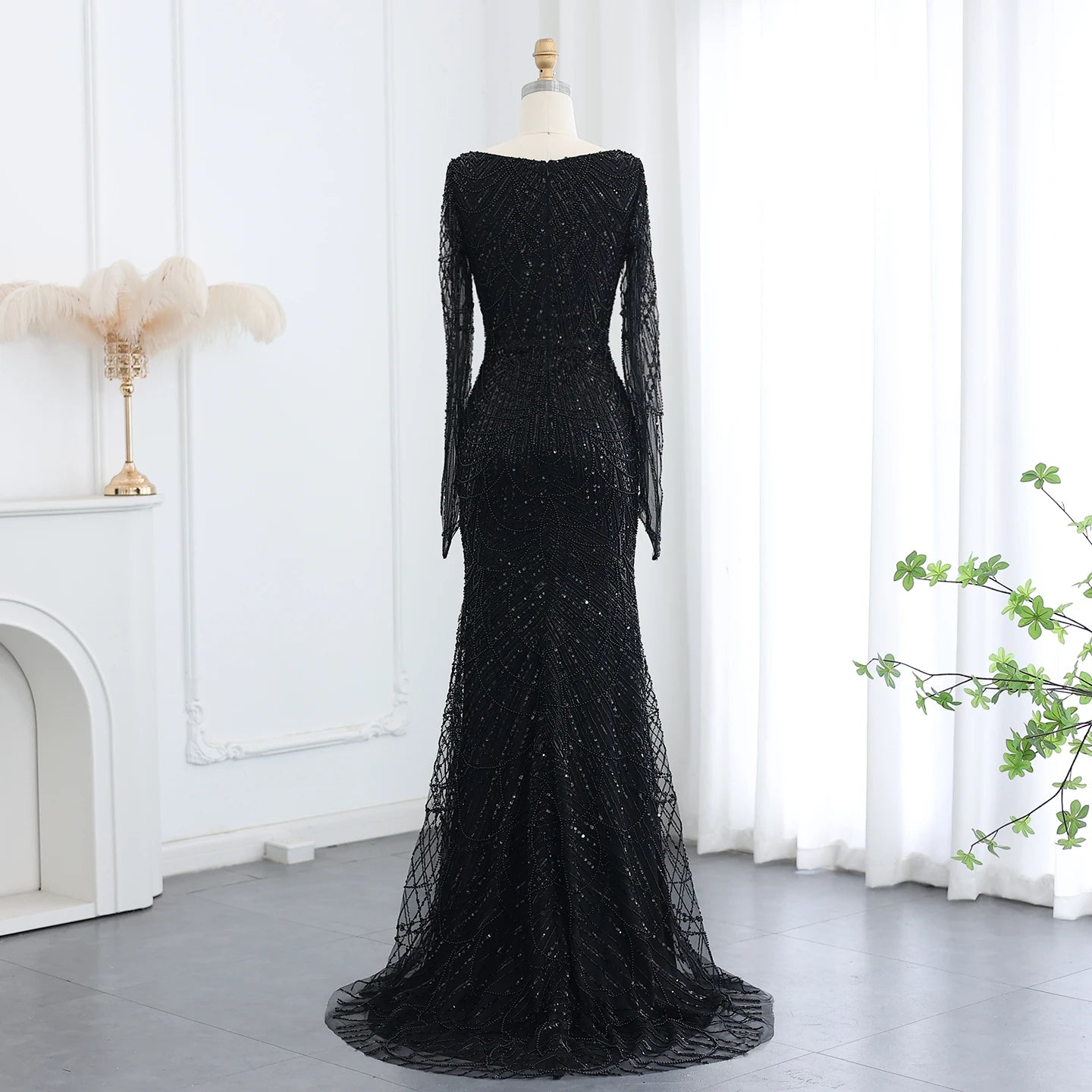 Beads Black Mermaid Long Sleeve Evening Dress for Women Champagne Formal Dresses Prom Dress - Image 10