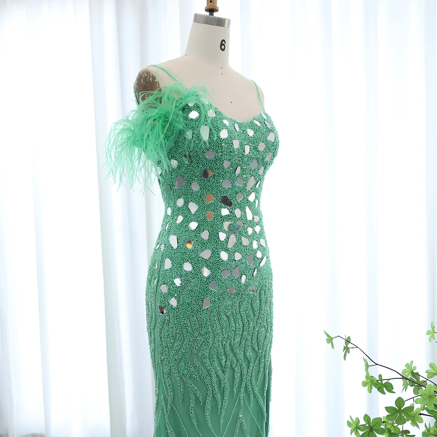 Luxury Beaded Feather Mermaid Silver Nude Evening Dress for Women Wedding Party Elegant Dubai Formal Prom Gown - Image 18