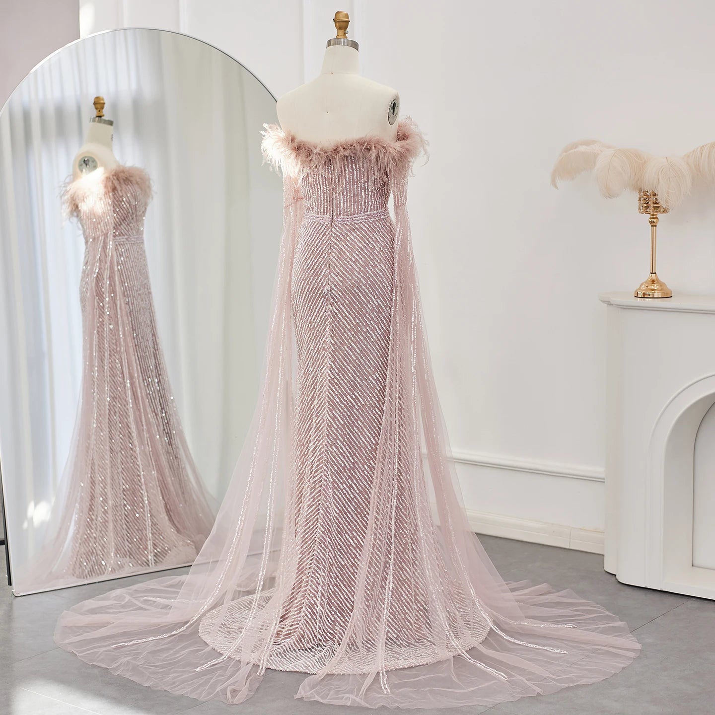 Luxury Feathers Mermaid Sage Green Evening Dresses with Cape Sleeves Pink Yellow Wedding Party Gowns - Image 10