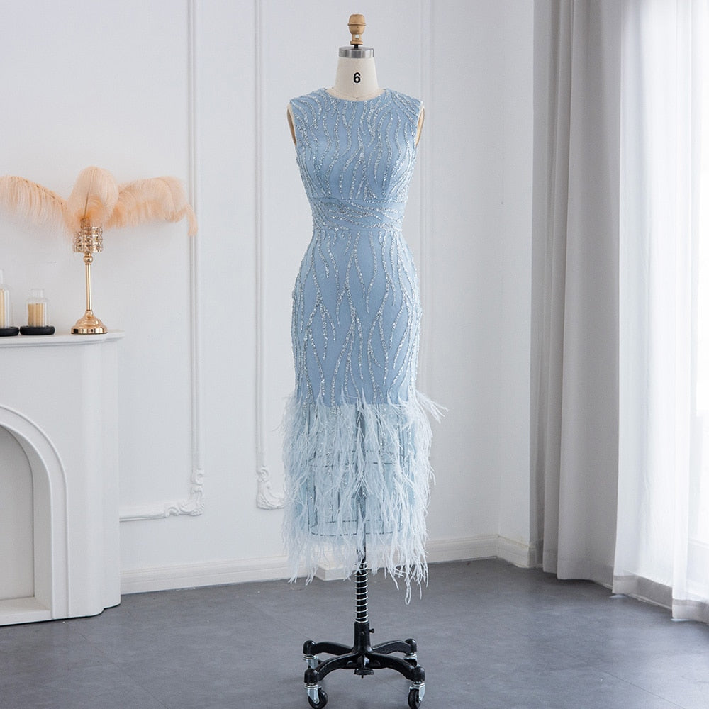 Elegant Lace Midi Evening Dress with Feathers Beading Formal Dresses for Wedding Party - Image 5