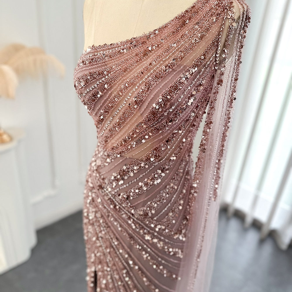 Luxury One Shoulder Mermaid Evening Dresses with Cape Sleeve Side Slit Wedding Party Gowns - Image 9