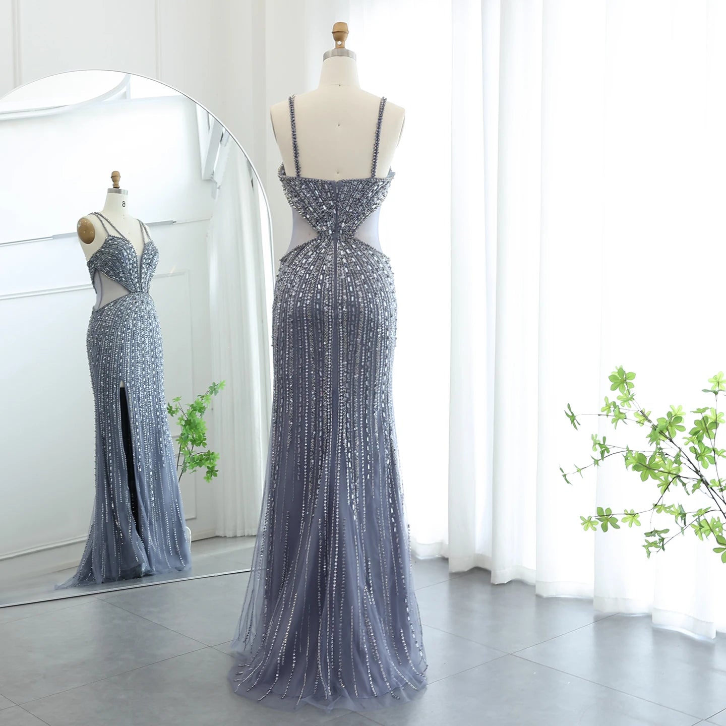 Luxury Beaded Nude Mermaid Evening Dresses Sexy V-neck High Slit Blue Long Women Wedding Party Prom Dress - Image 11