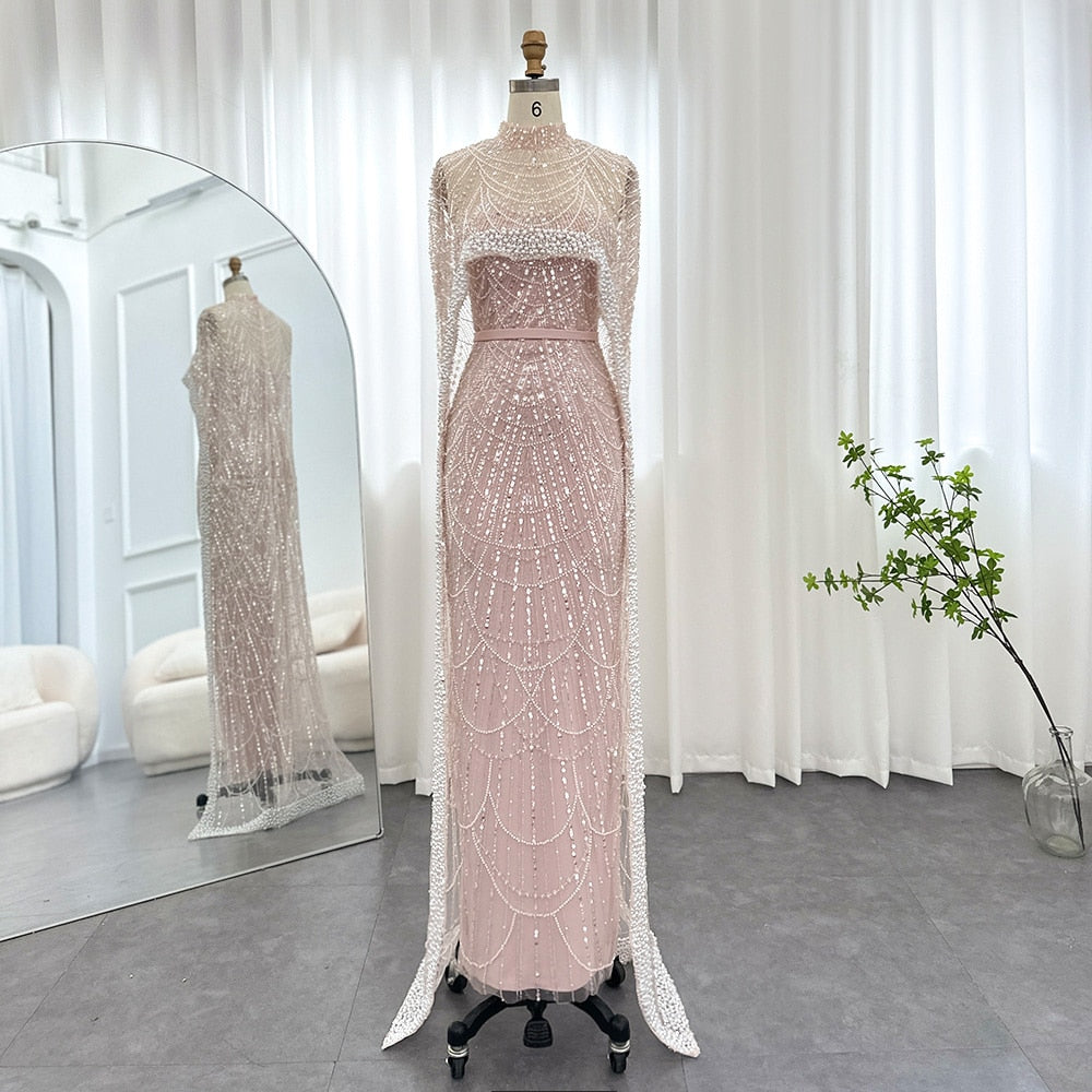 Luxury Pearls Champagne Evening Dresses with Cape Women Mermaid Wedding Party Prom Dress - Image 32