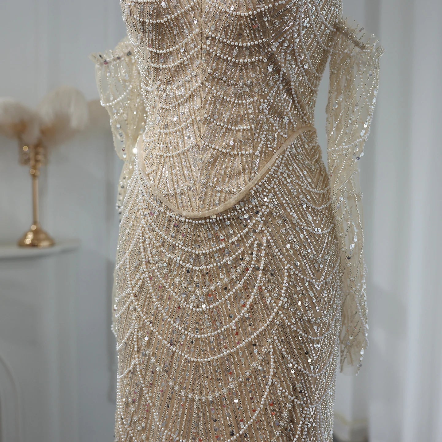 Luxury Beaded Arabic Nude Evening Dresses with Long Sleeves Elegant Women Wedding Formal Party Gowns - Image 4