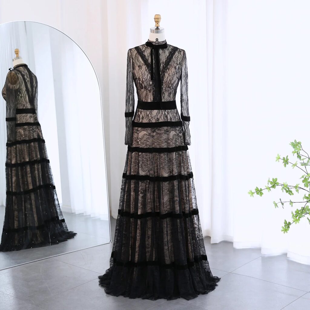 Elegant Black Lace A-line Evening Dress Luxury Tiered Long Sleeves Women Formal Party Gowns