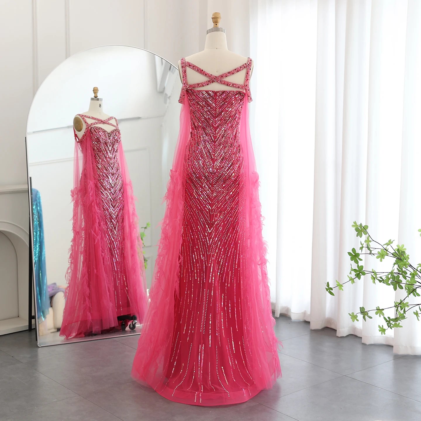 Fuchsia Mermaid Evening Dresses with Cape Sleeves Luxury Turquoise Women Wedding Party Dress - Image 14