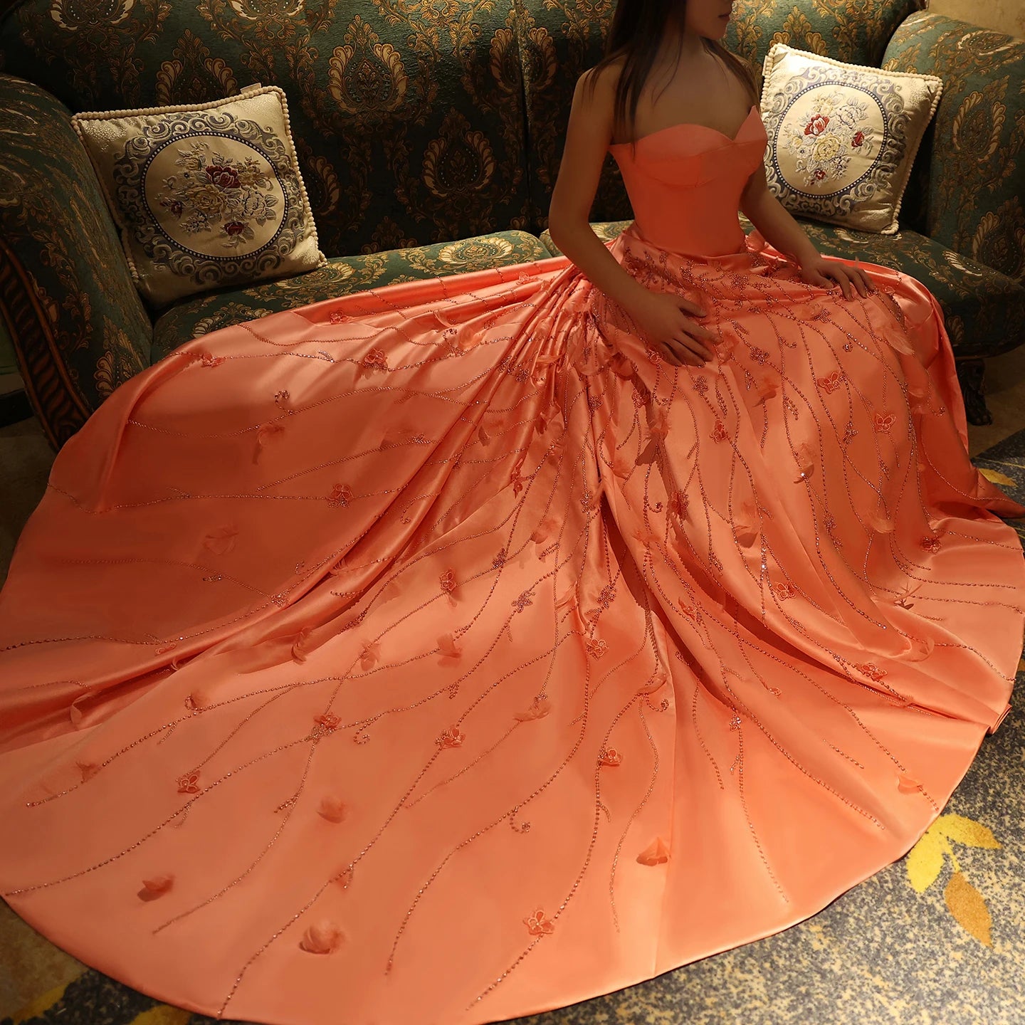Luxury Feathers Coral Pink Evening Dresses 3D Flowers Sweetheart Long Women Wedding Formal Party Dress - Image 9