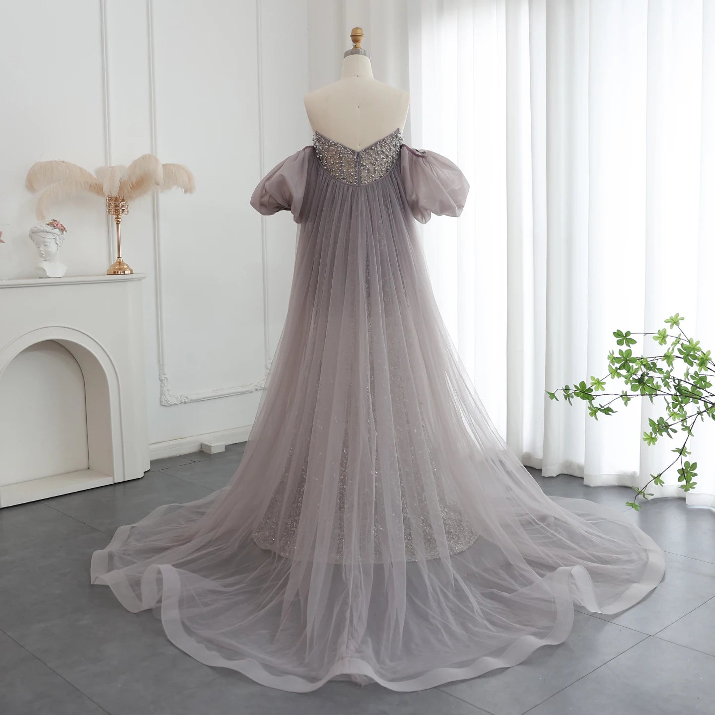 Luxury Pearls Purple Mermaid Evening Dress with Cape Sleeves Tassel Wedding Party Gowns - Image 6