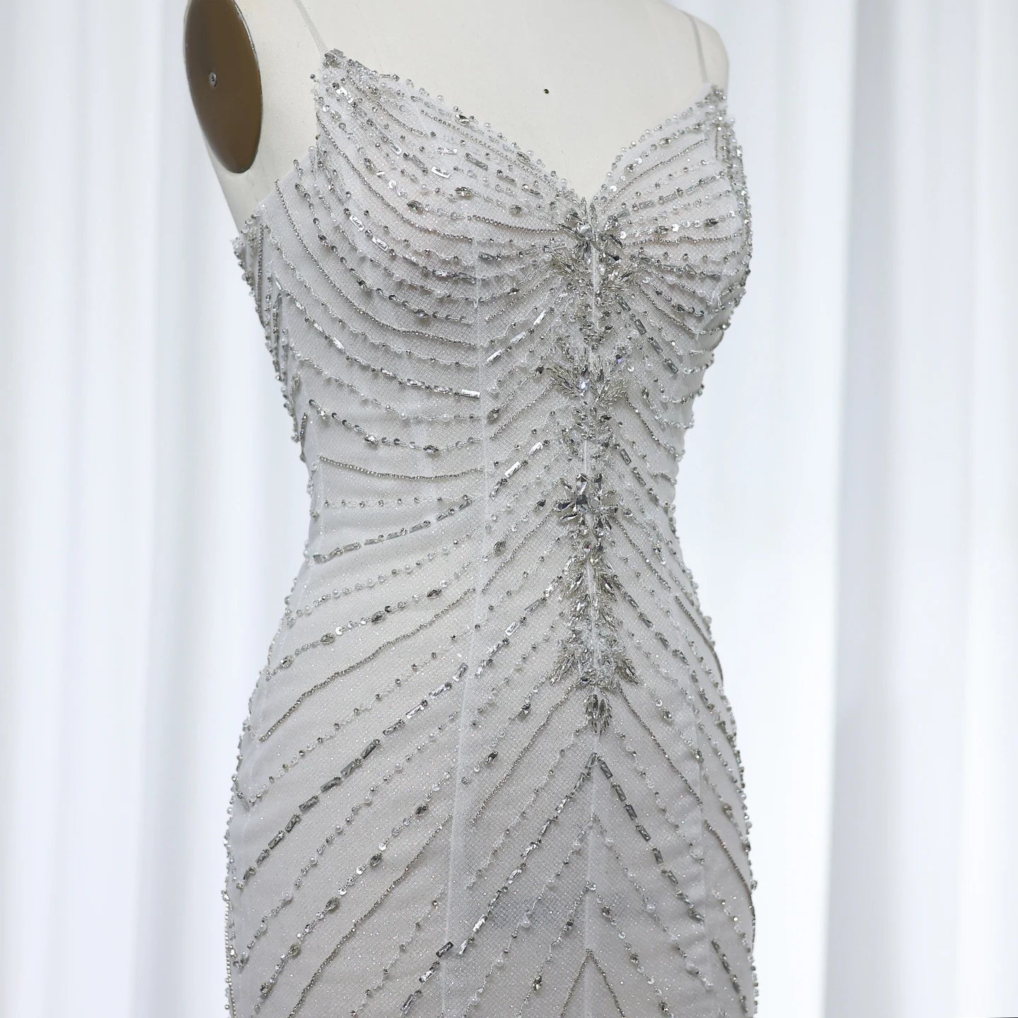 Crystal Luxury Mermaid White Wedding Dresses for Women Spaghetti Straps Front Slit Bridal Gowns - Image 2