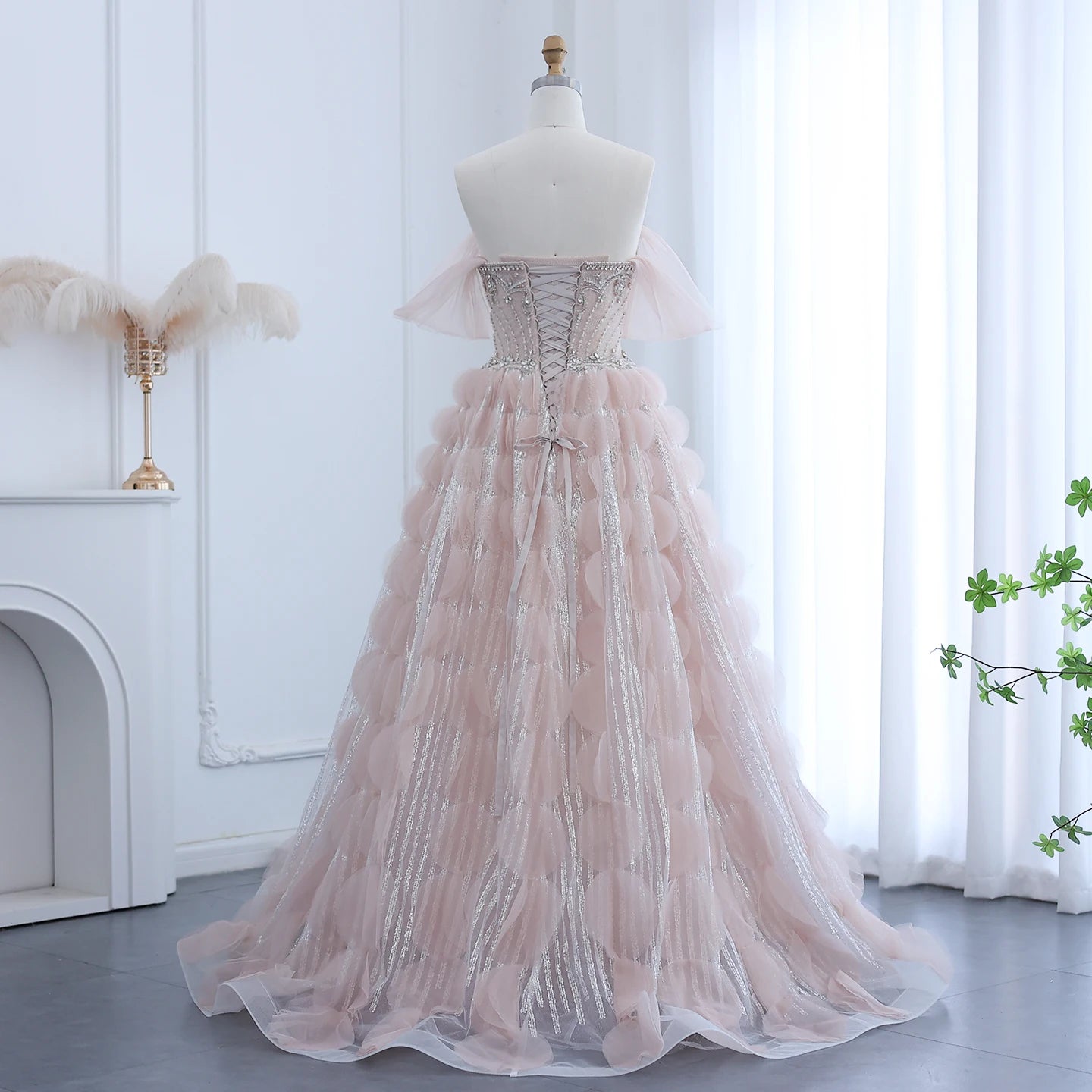 Crystal Princess Ball Gown Blush Pink Ruffles Evening Dress for Women Wedding Engagement Party Dress - Image 5