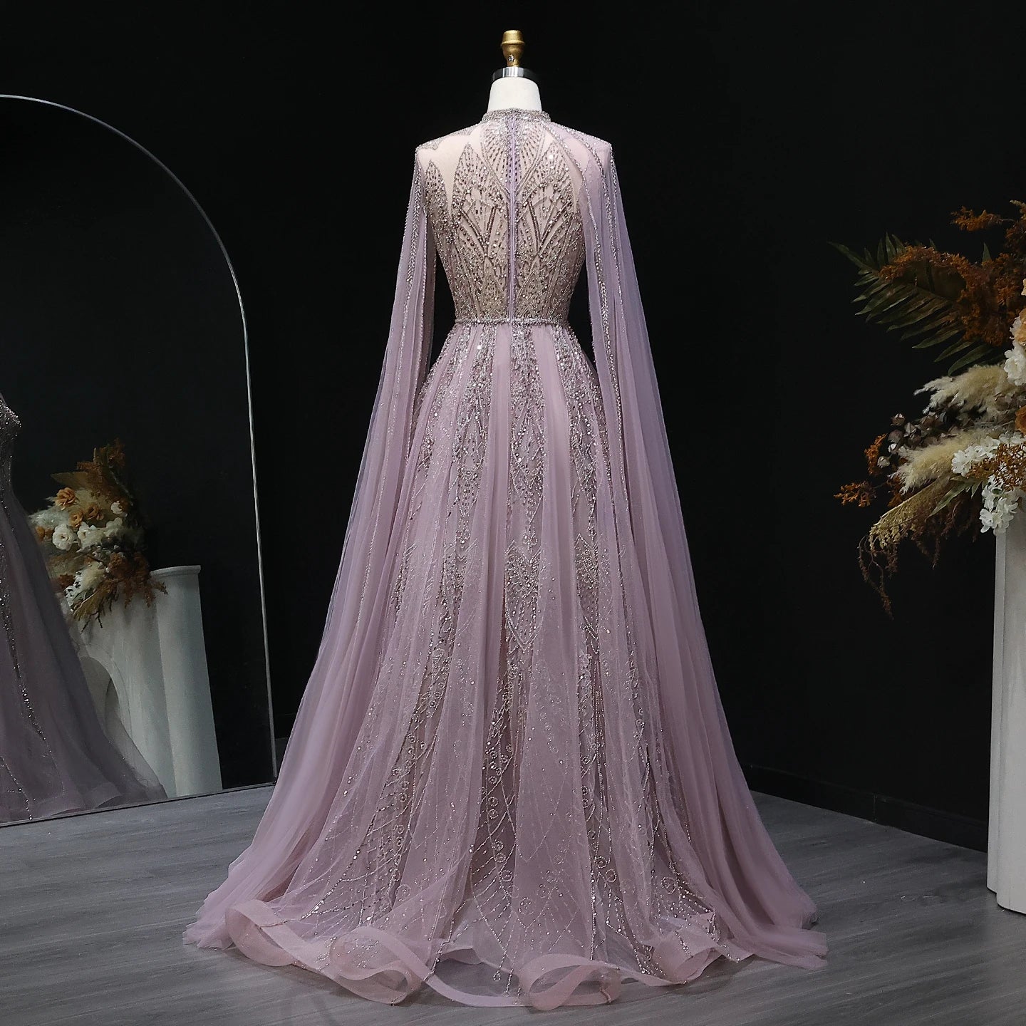 Luxury Pink Evening Dress with Cape Sleeves Brown Women Wedding Party Gowns - Image 5