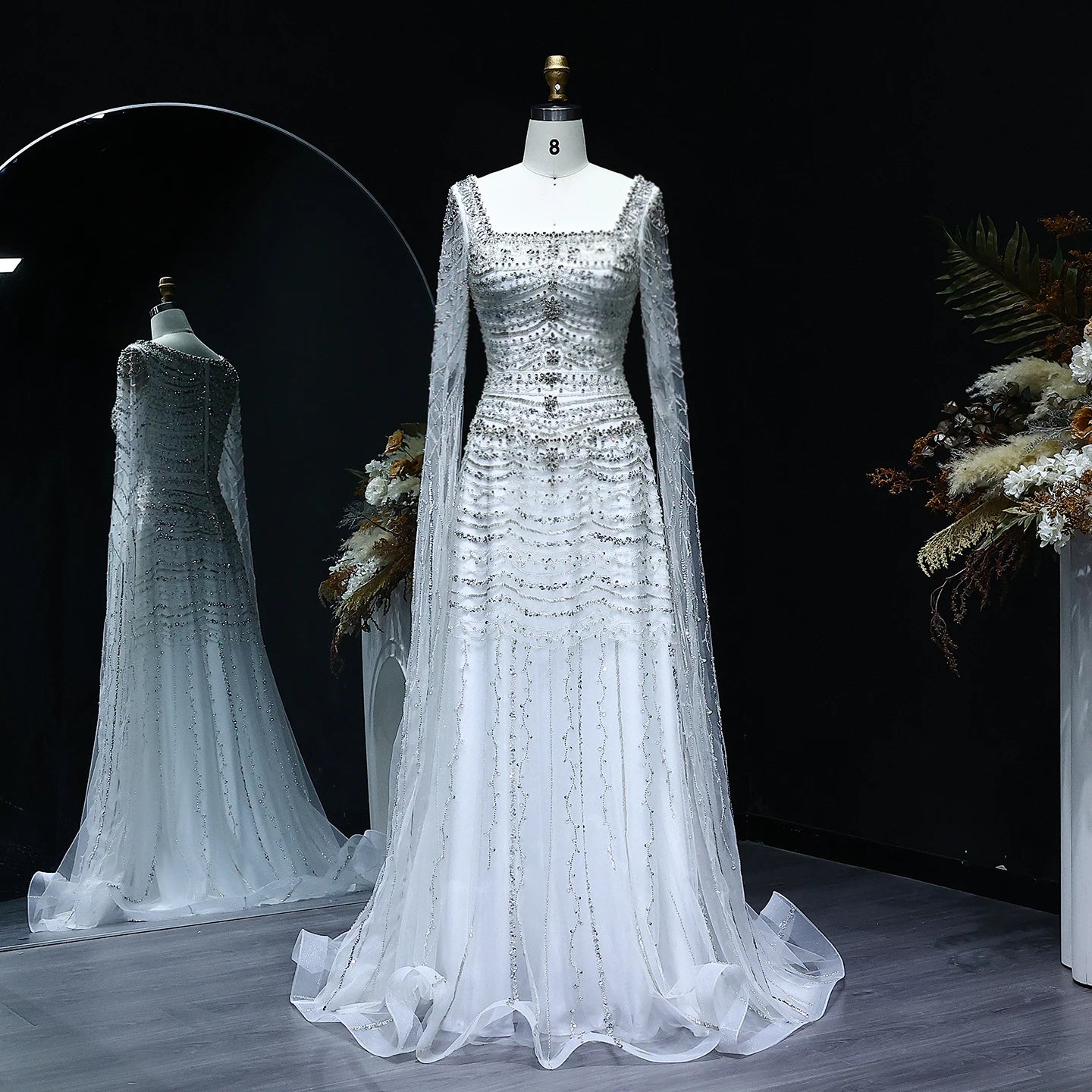 Luxury Nude Evening Dress with Cape Sleeves Blue White Women Wedding Party Gowns - Image 2