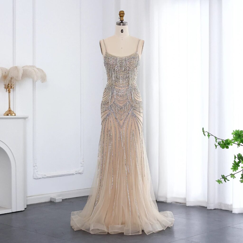 Luxury Crystal Tassel Mermaid Evening Dress with Spaghetti Straps Nude Pink Long Prom Party Gowns