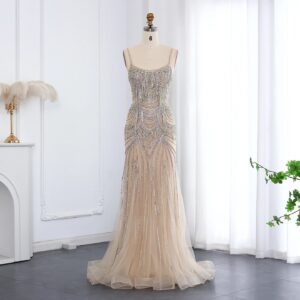 Luxury Crystal Tassel Mermaid Evening Dress with Spaghetti Straps Nude Pink Long Prom Party Gowns