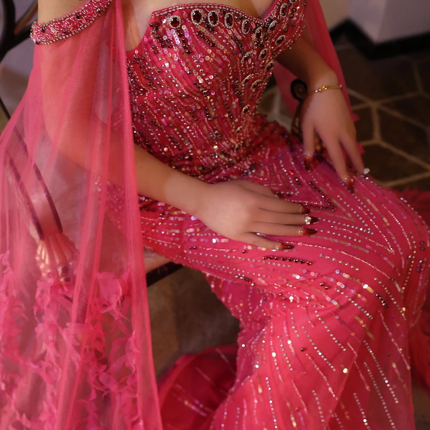 Fuchsia Mermaid Evening Dresses with Cape Sleeves Luxury Turquoise Women Wedding Party Dress - Image 6