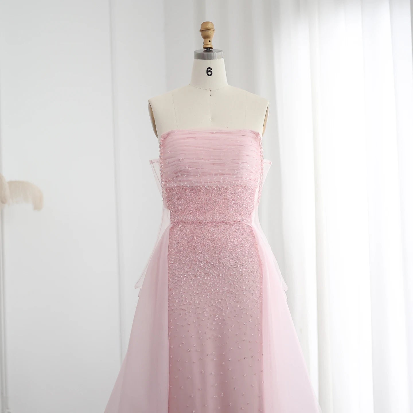 Beads Pink Evening Dress with Overskirt Glove Elegant Women Arabic Formal Party Gown - Image 2