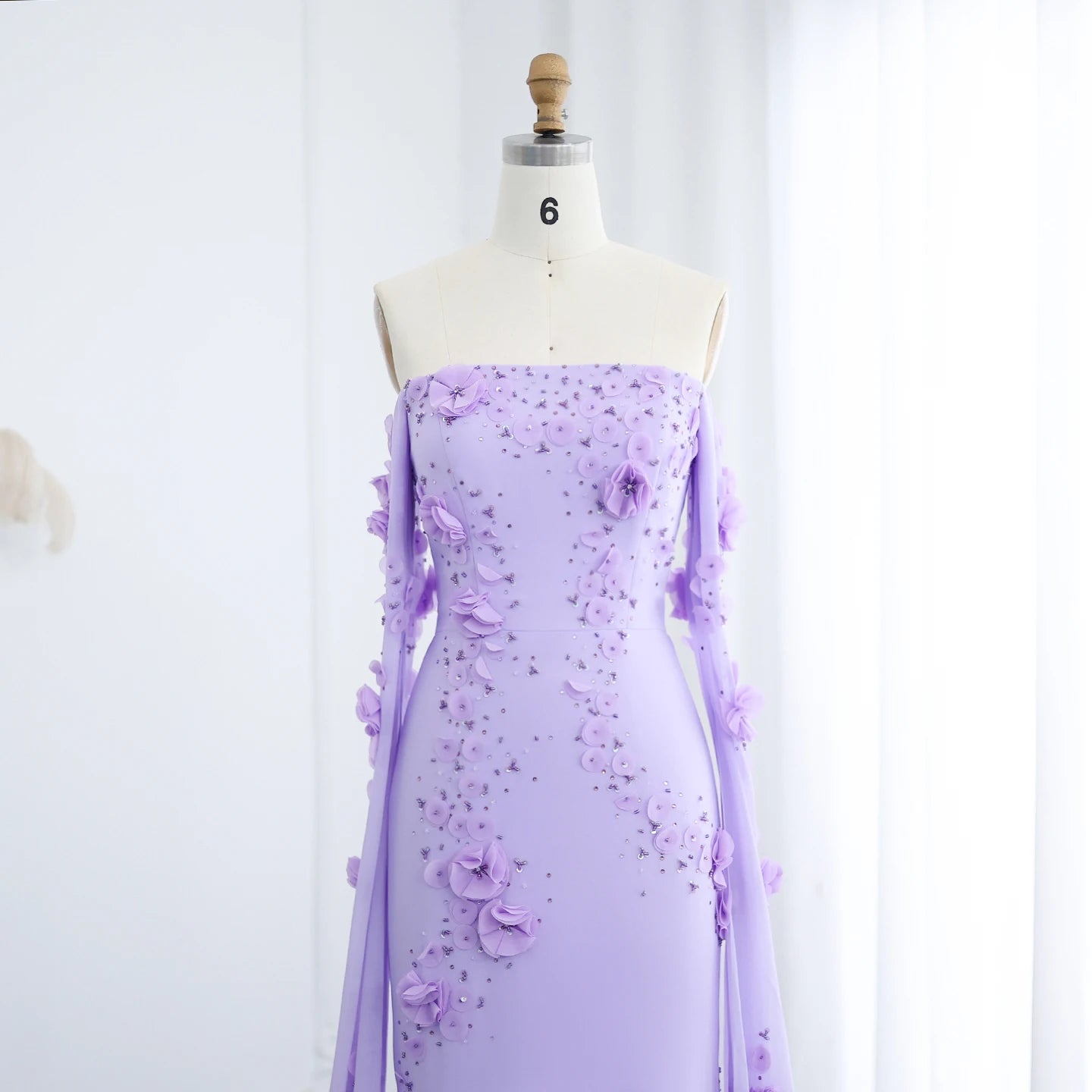Elegant Off Shoulder Lilac 3D Flowers Evening Dress with Cape Sleeves for Wedding Party - Image 2