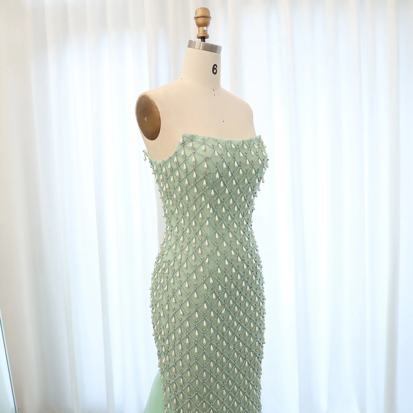 Luxury Crystal Pearls Mermaid Sage Green Evening Dress with Cape Elegant Women Wedding Party Gown - Image 9