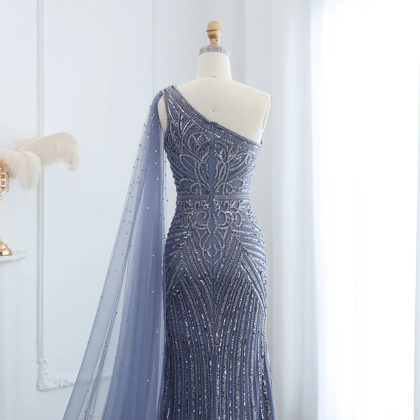 Luxury Beaded Mermaid Nude Evening Dress with Cape Sleeve One Shoulder Side Slit Women Wedding Party Gowns - Image 10