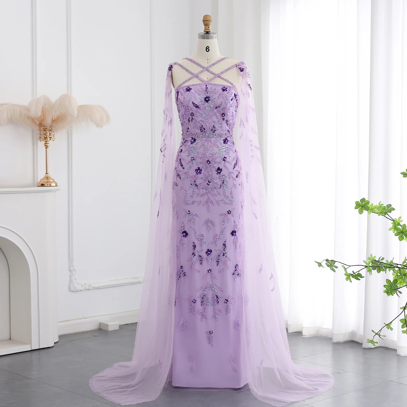 Luxury Lilac Evening Dresses with Cape Sleeves Criss Cross Elegant Arab Women Wedding Party Gowns - Image 2