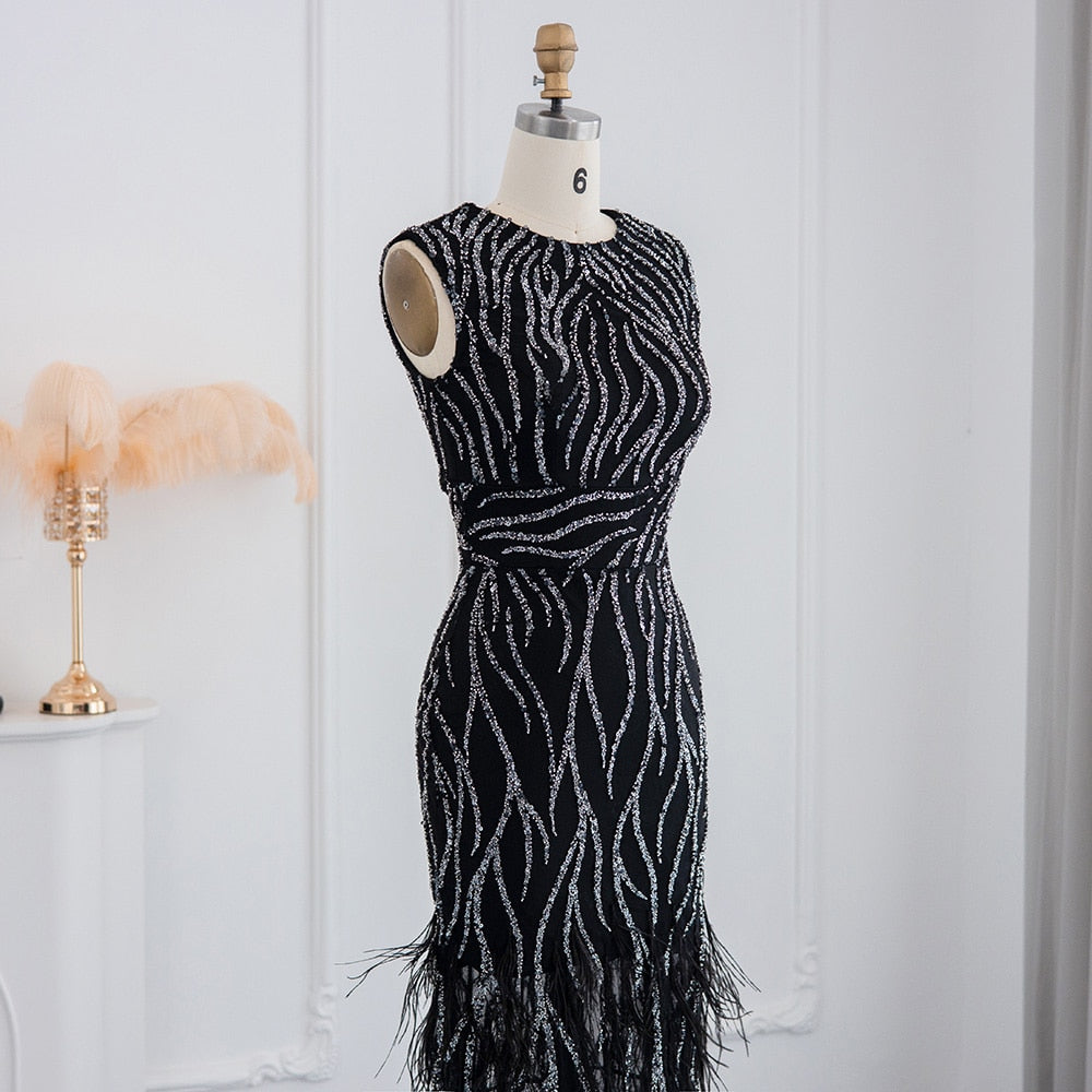 Elegant Lace Midi Evening Dress with Feathers Beading Formal Dresses for Wedding Party - Image 22