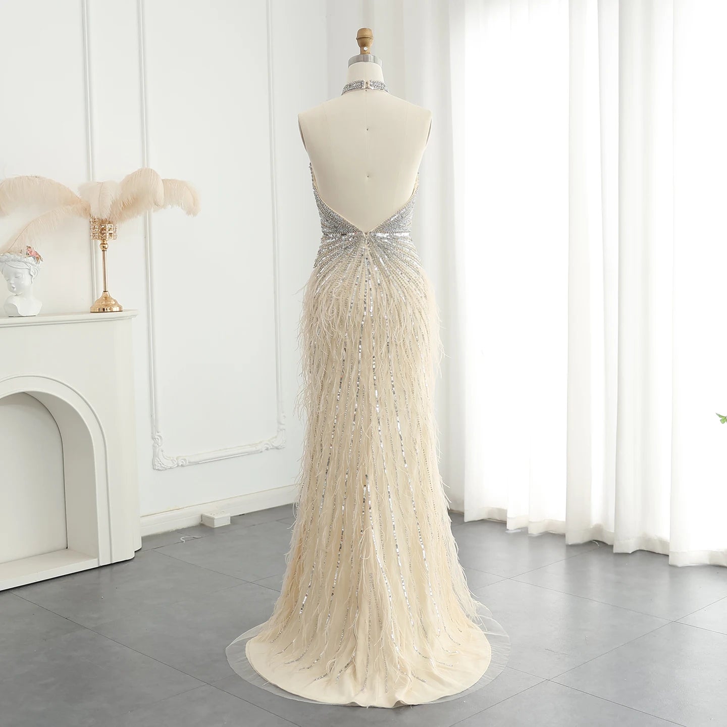 Luxury Beaded Feathers Mermaid Silver Gray Evening Dress Halter Backless Blue Beige Formal Party Gown - Image 16