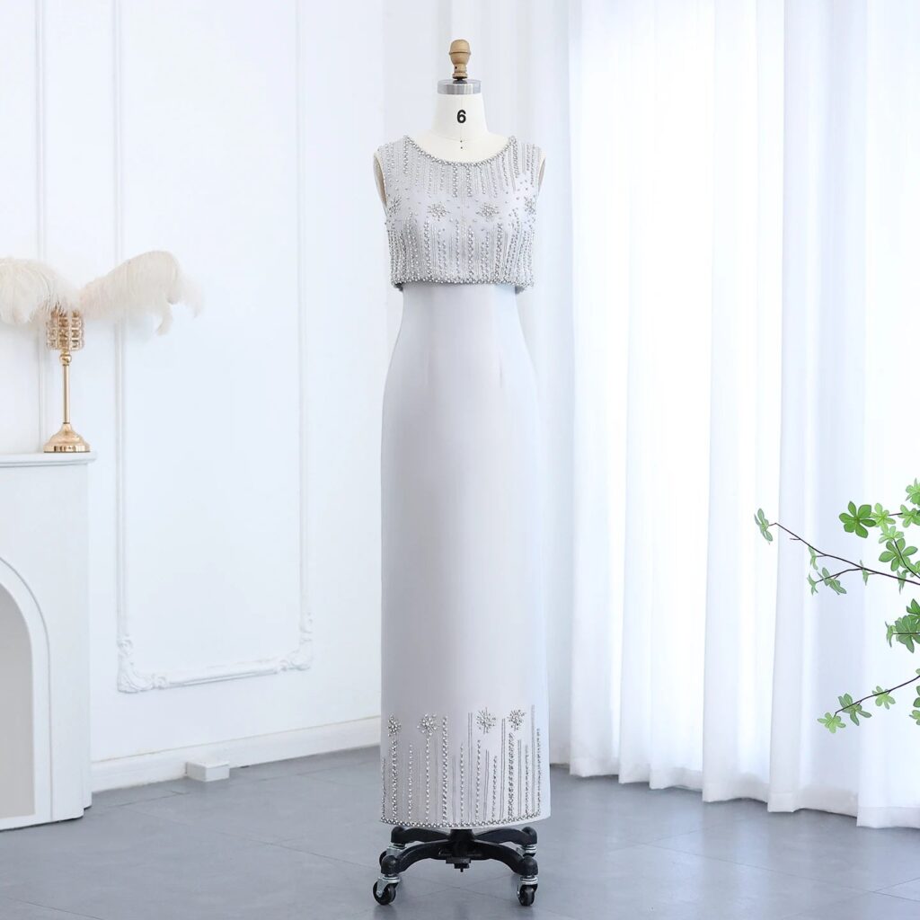 Luxury Rhinestones Silver Gray Midi Formal Evening Dress  Wedding Party