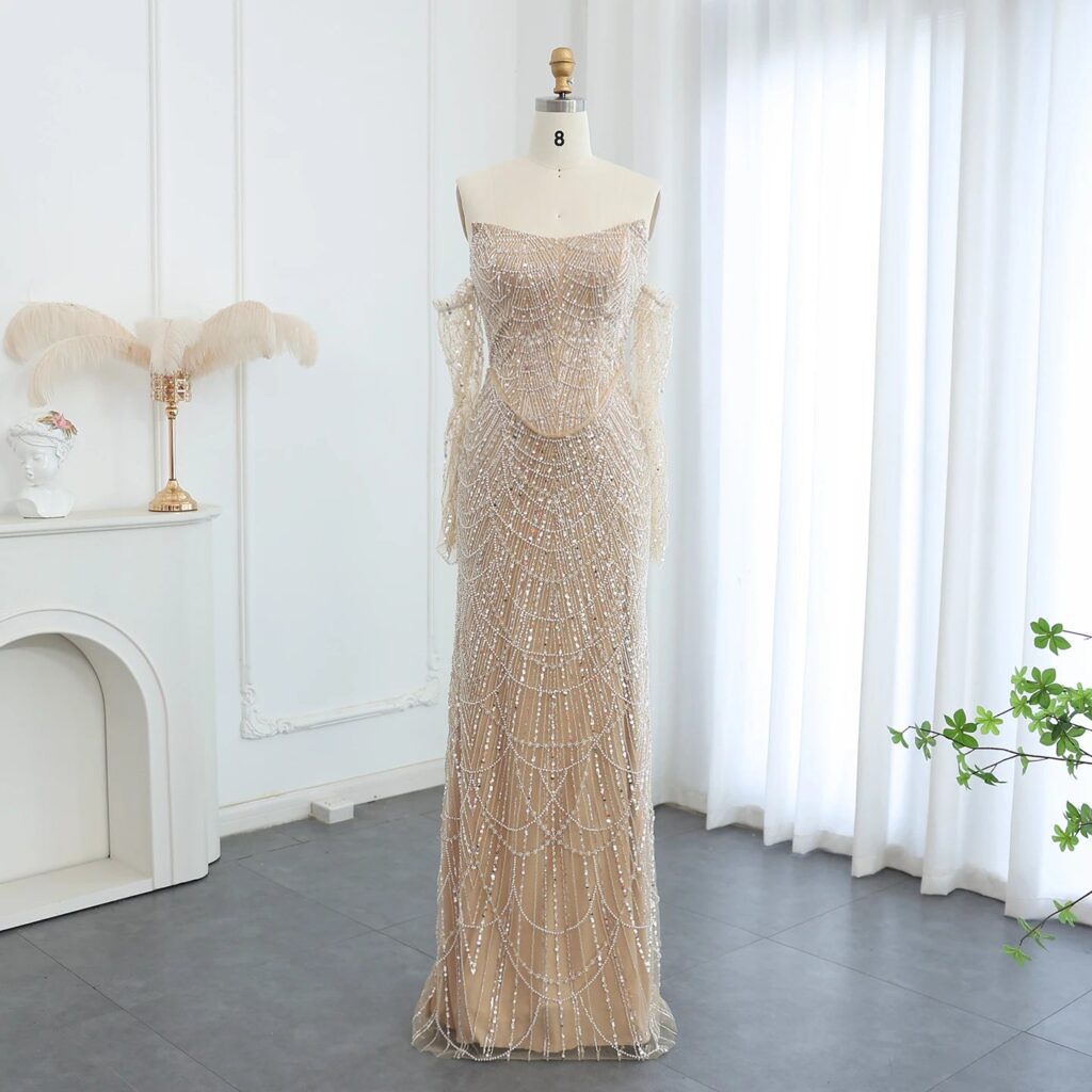 Luxury Beaded Arabic Nude Evening Dresses with Long Sleeves Elegant Women Wedding Formal Party Gowns