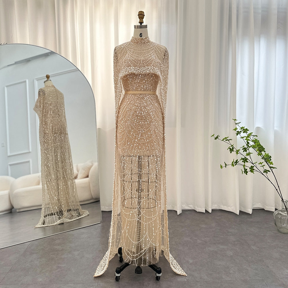 Luxury Pearls Champagne Evening Dresses with Cape Women Mermaid Wedding Party Prom Dress