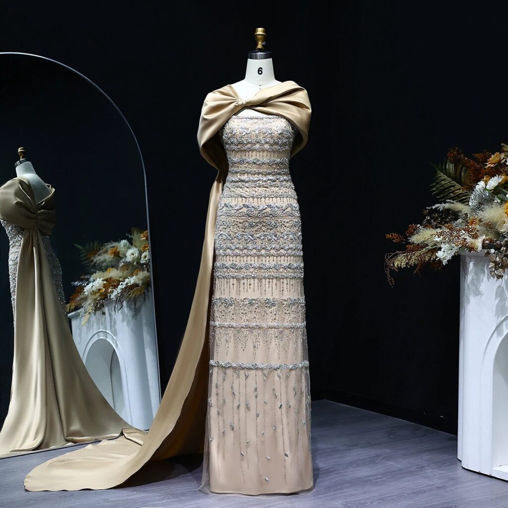 Sage Green Luxury Evening Dress with Cape Champagne Long Women Wedding Party Gowns