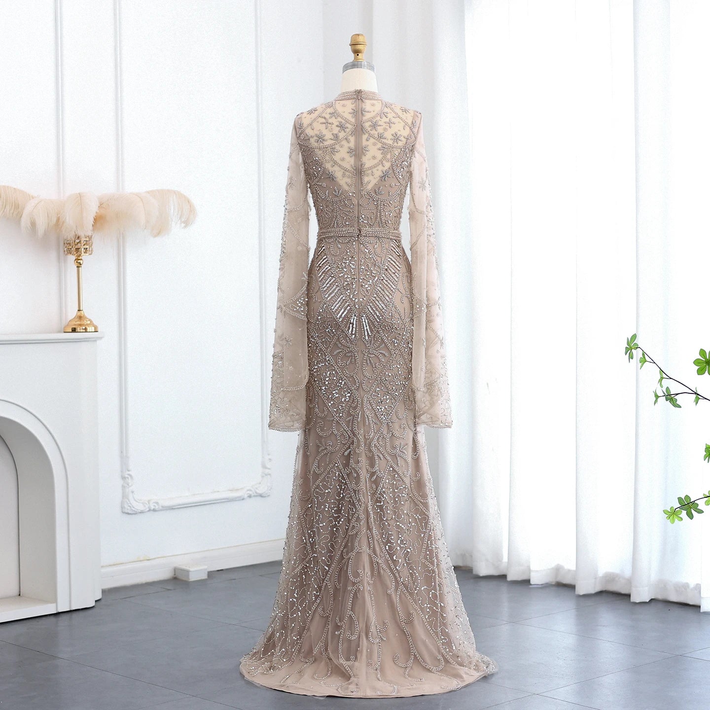 Black Beaded Luxury Evening Dress with Flare Long Sleeves High Neck Formal Party Gowns - Image 17