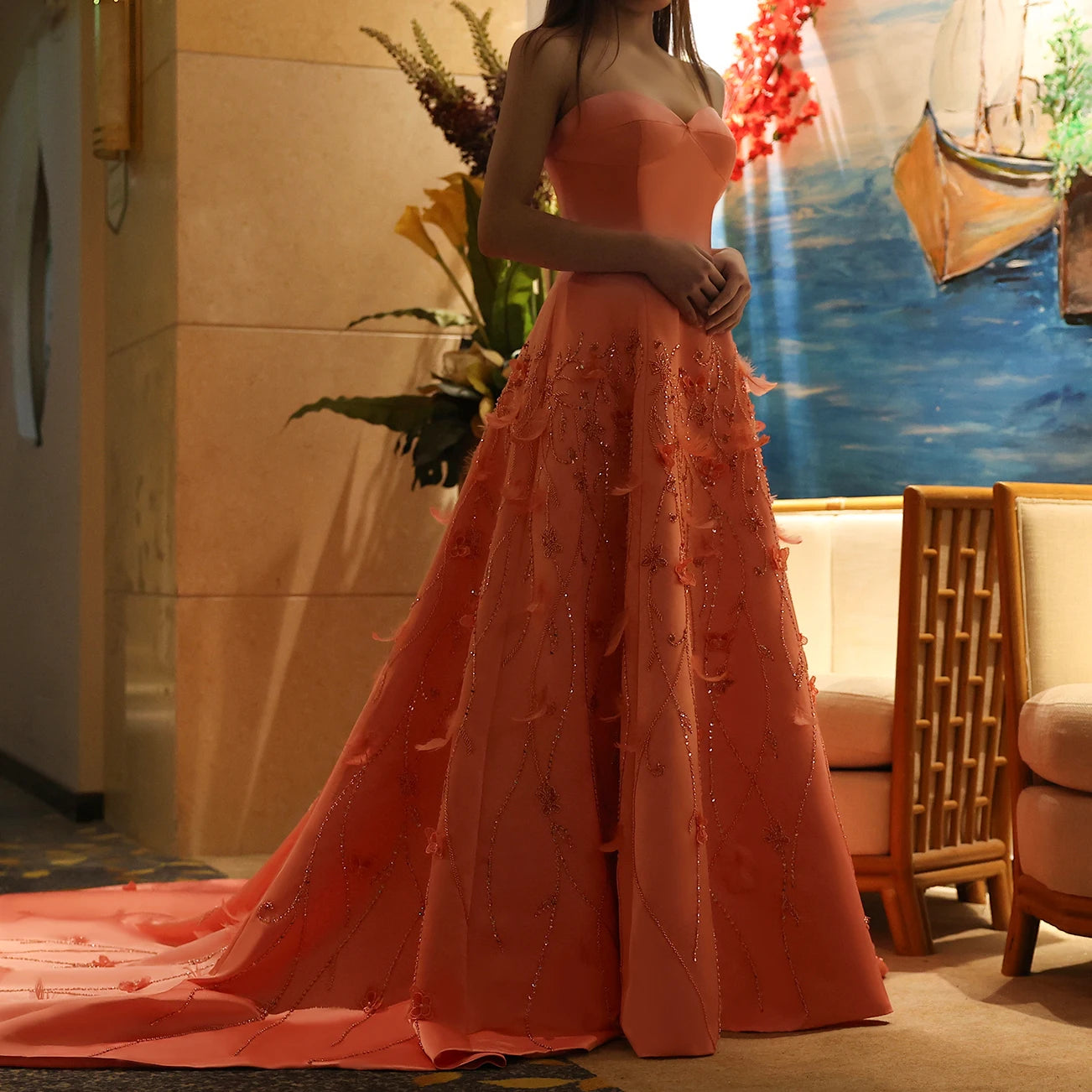 Luxury Feathers Coral Pink Evening Dresses 3D Flowers Sweetheart Long Women Wedding Formal Party Dress - Image 14