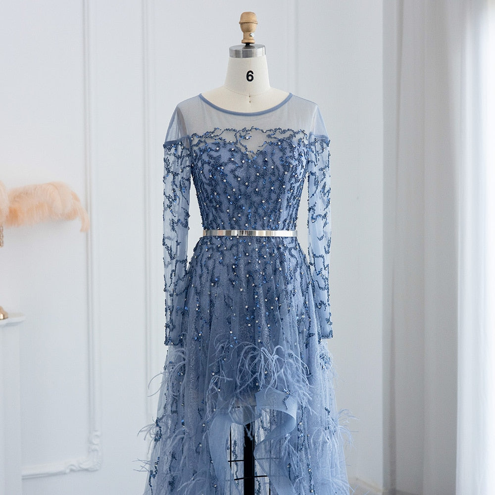 Luxury Feathers High Low Evening Dresses for Wedding Party Short Front Long Back Homecoming Dress - Image 15