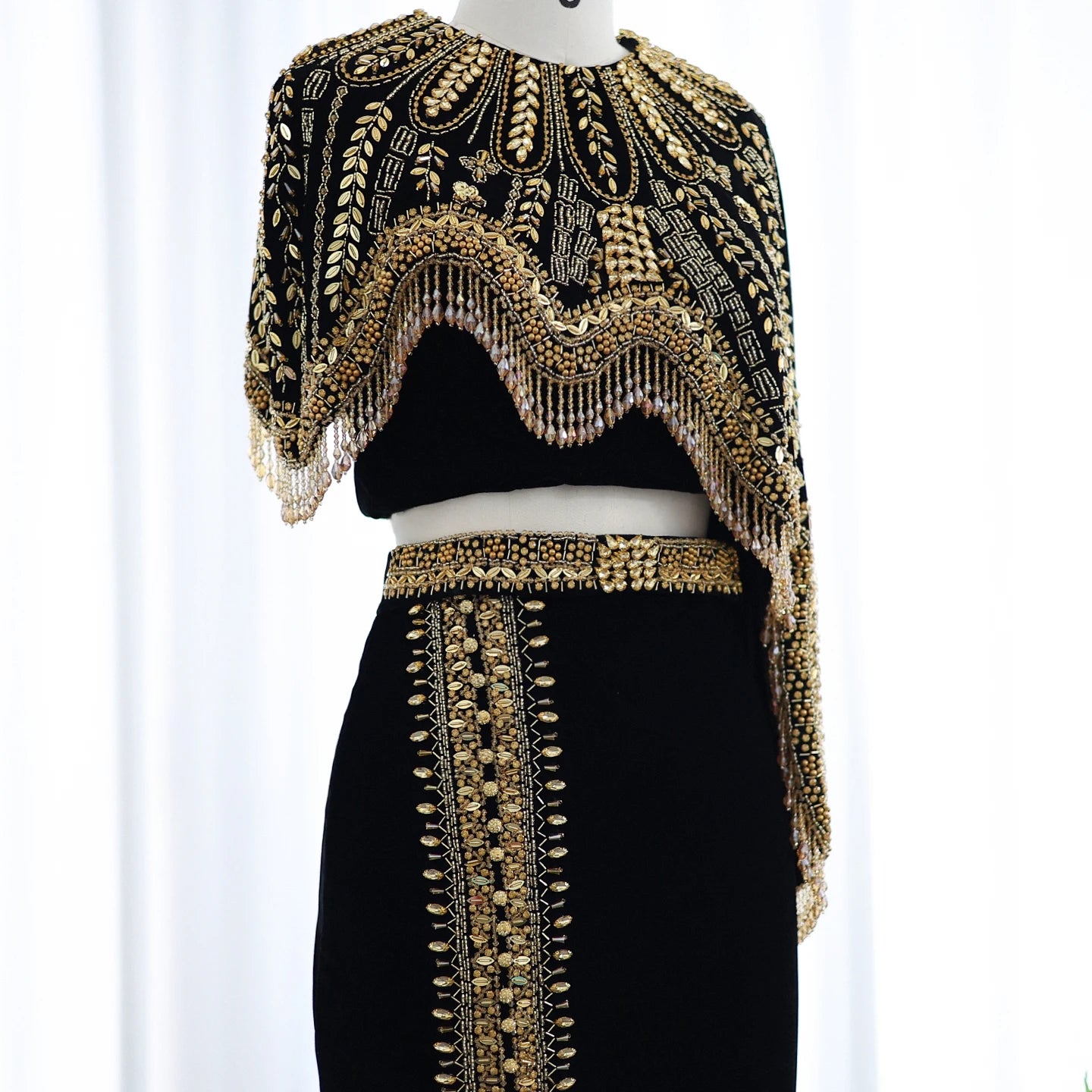 Arabic Black and Gold Two Pieces Evening Dresses Women Beads Midi Formal Prom Party Gowns - Image 4