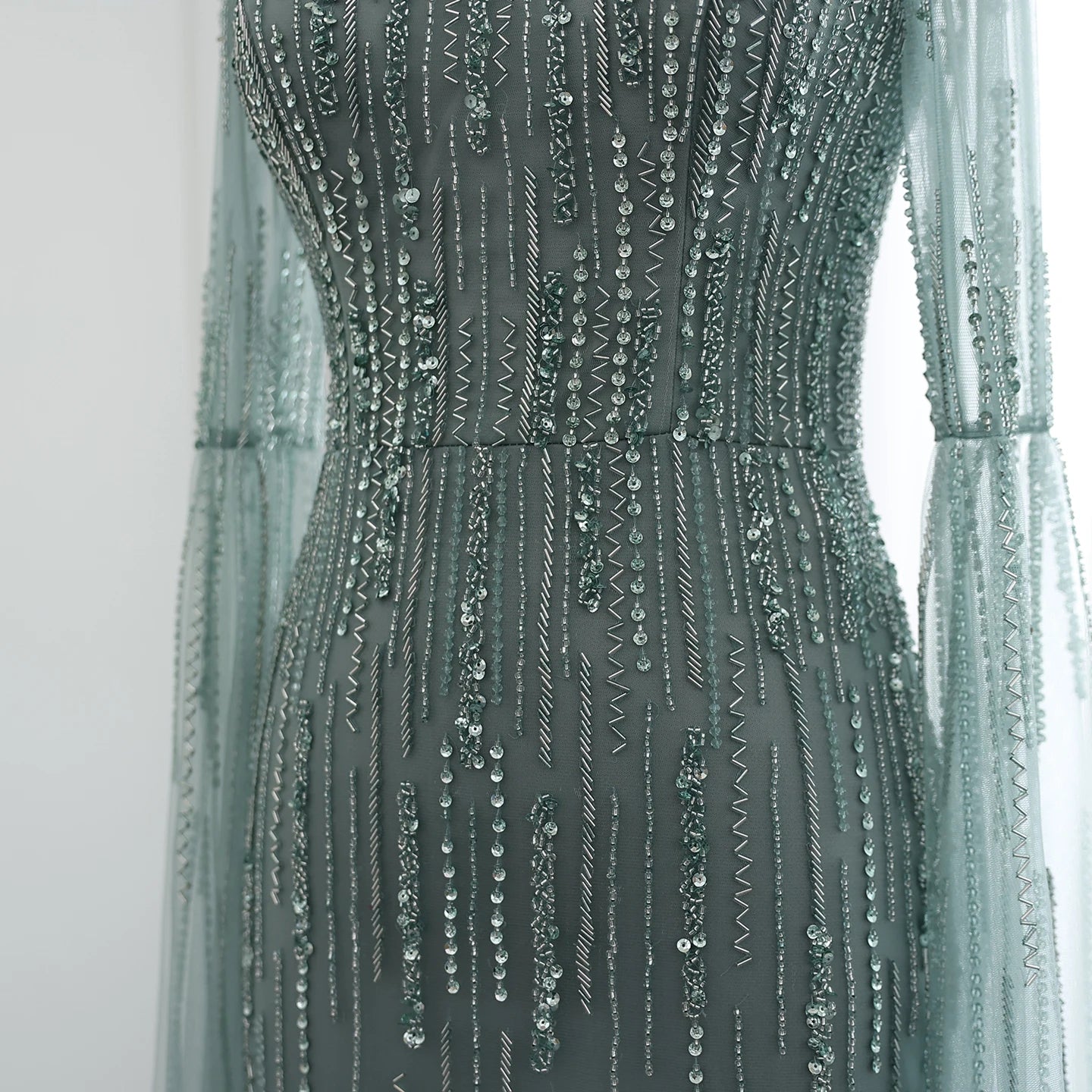 Luxury Beaded Mermaid Green Evening Dress with Cape Sleeve High Neck Side Slit Nude Women Wedding Party Gowns - Image 4