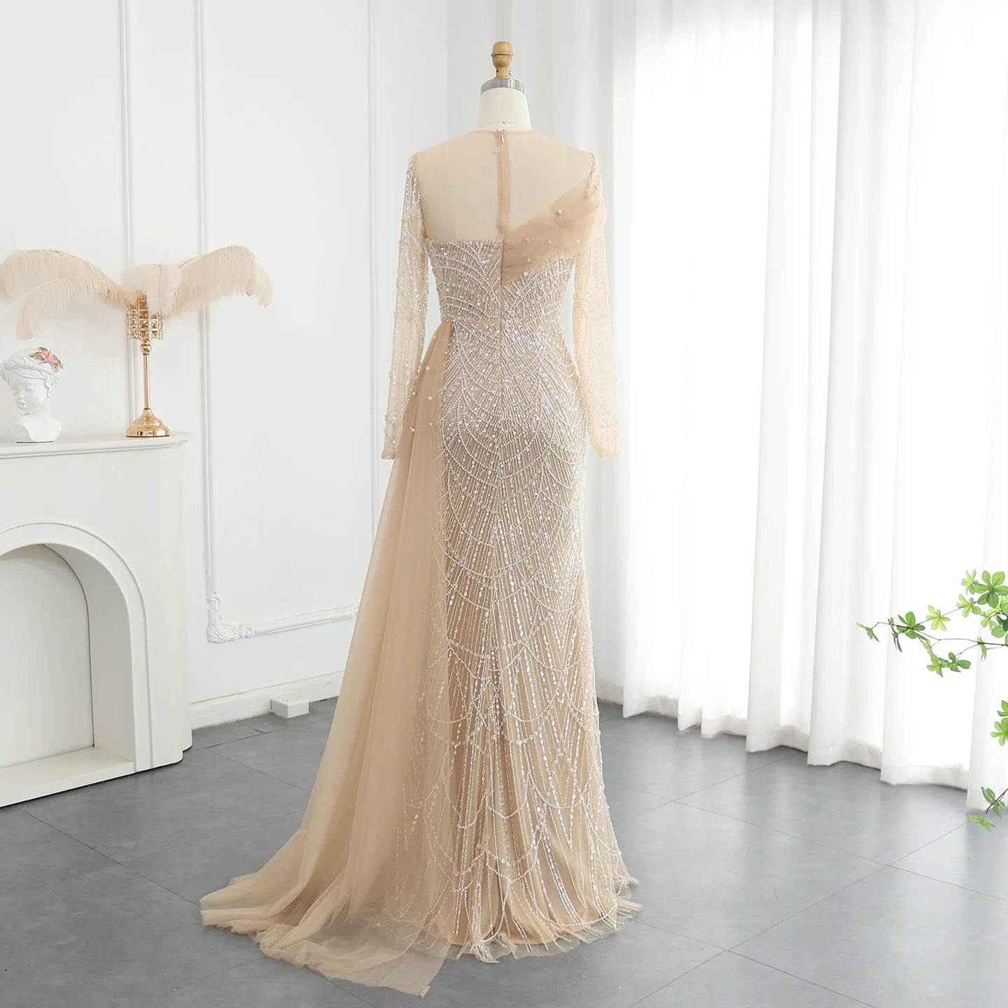Luxury Beaded Champagne Mermaid Long Sleeves Evening Dress for Women Wedding Formal Party Gowns - Image 6