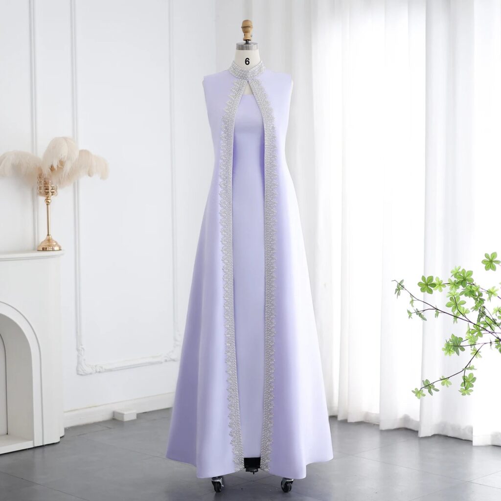 Lillac Evening Dresses with Cape Luxury Rhinestone Two Pieces Kaftan Turkey Wedding Party Gowns
