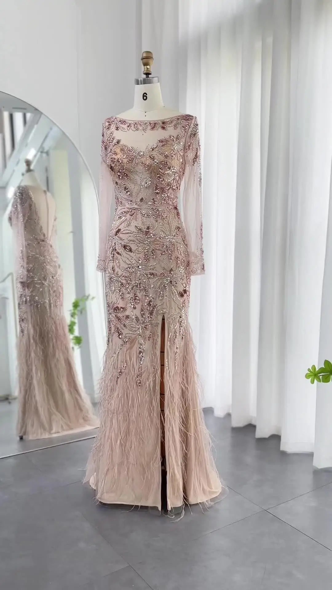 Luxury Feathers Evening Dresses for Women Wedding Elegant Long Sleeves Mermaid Prom Party Gowns - Image 3