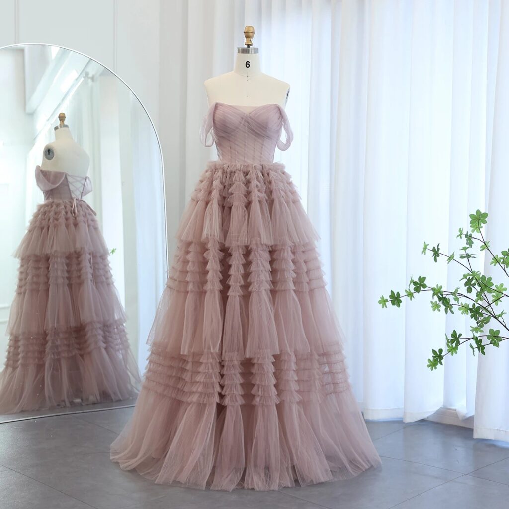 Blush Pink Off Shoulder Ruffles Evening Dress for Women Wedding Elegant Tiered Ball Gown Prom Party Dresses